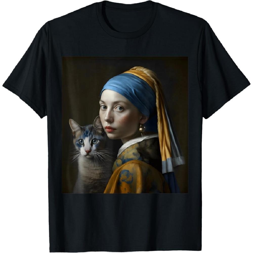 

A Girl with a Pearl Earring With Cat Lover, Cat Mom, Cat Dad T-Shirt S