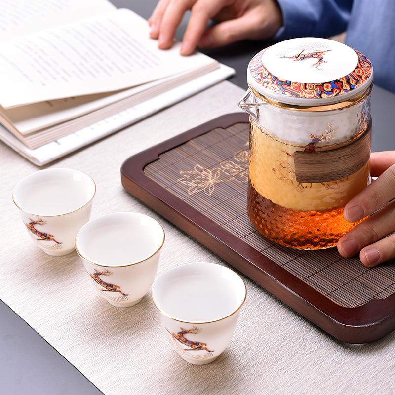 Fuxing Deer Ceramics Carry-on Pot of Three Cups Portable Travel Tea Set Glass Kuaike Cup