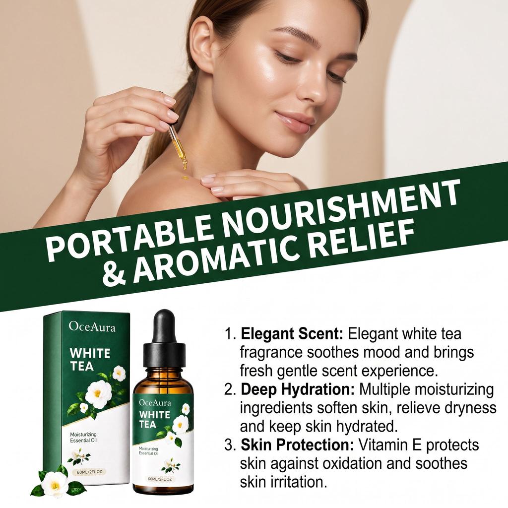 Olio Essenziale Tè Bianco Multiuso 2 in 1 Fragranza e Cura della Pelle Rinnova la Pelle Olio Portatile Multiuso per la Cura del Corpo 60ml