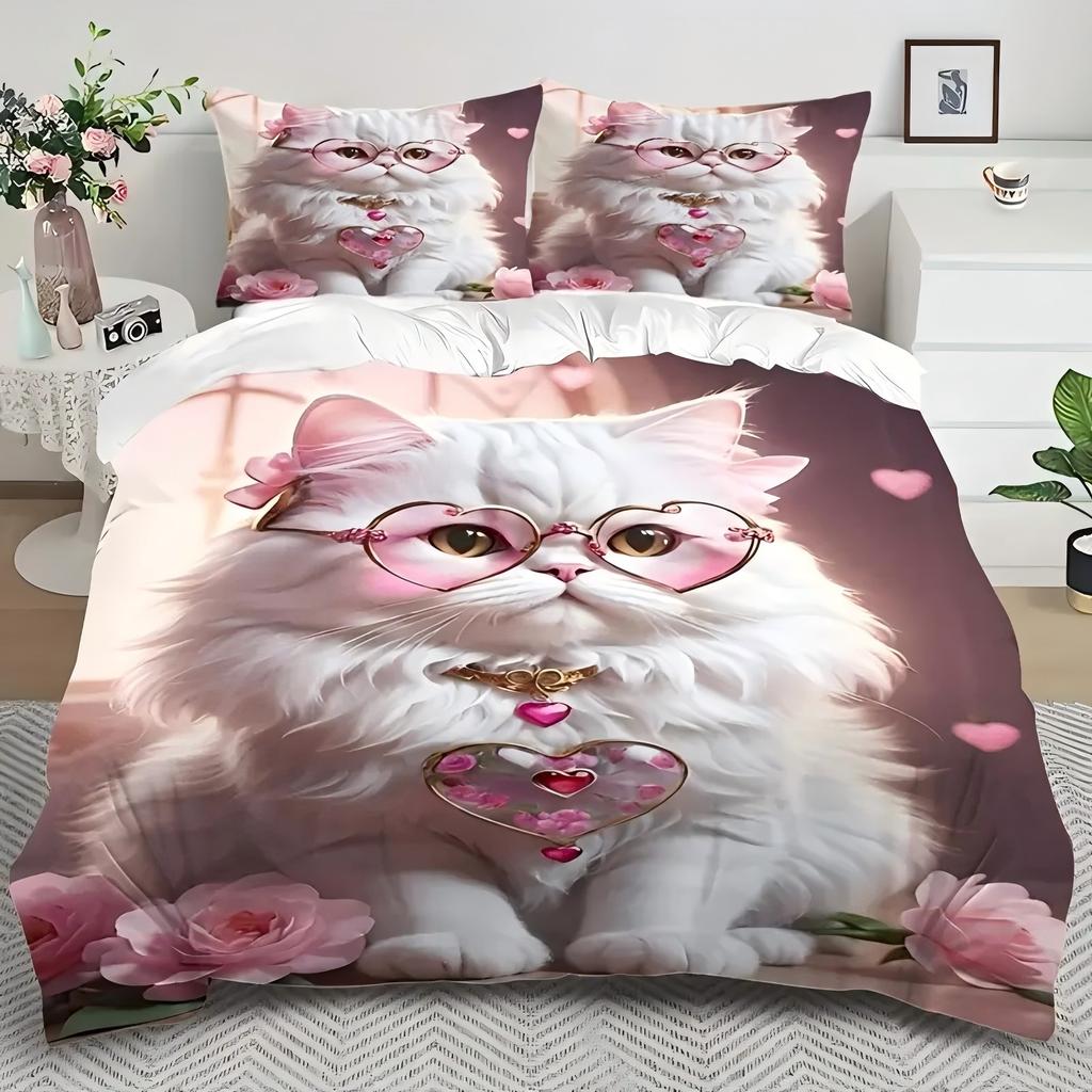 Cute Flower Cat Pattern 3D Printed Bedding Set Cute Pet Theme Fashion Art Style Duvet Cover Soft Comfortable Luxury Quilt Cover