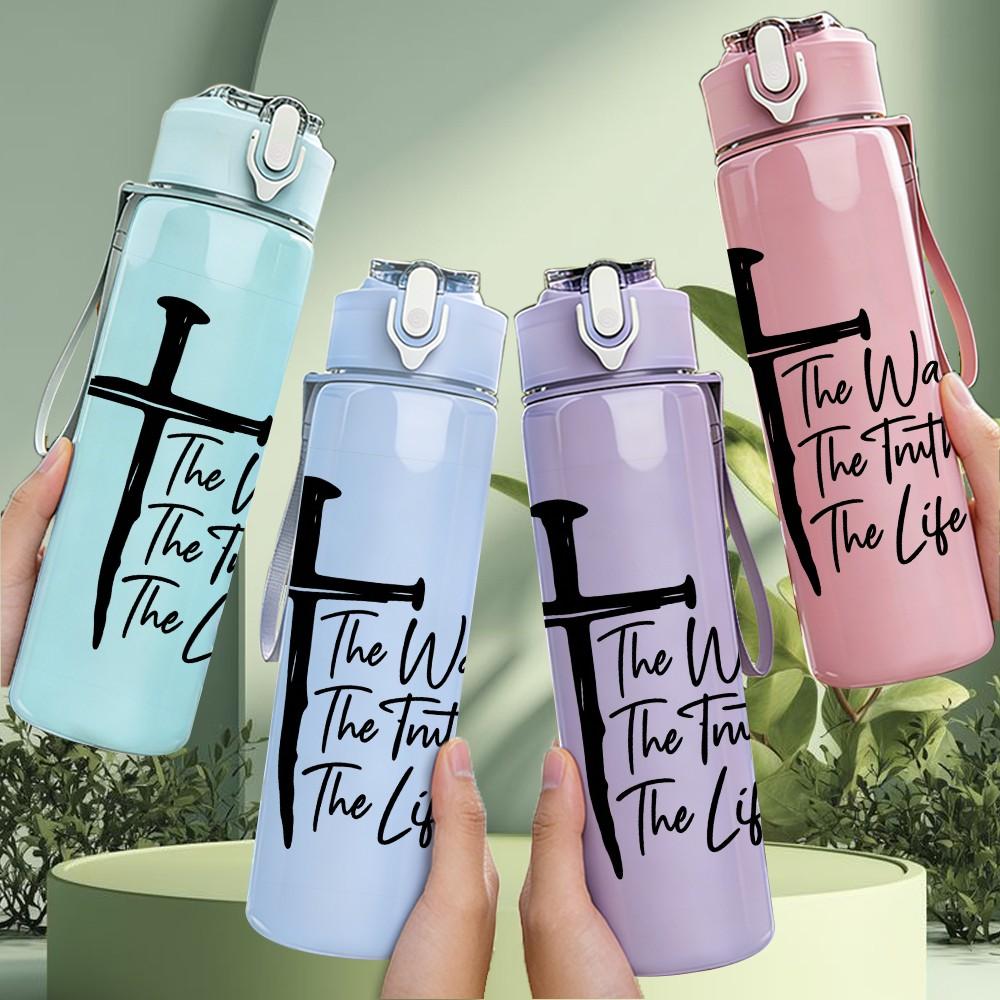 1PC Faith Trust Life Cross Letter Print 750ml Color Plastic Sports Water Bottle Leakproof Flip Straw Lid Suitable for Sports Office Home Use