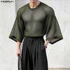 INCERUN Men Round Neck Long Sleeve Hollow Out Tops Mesh Sheer Shirts