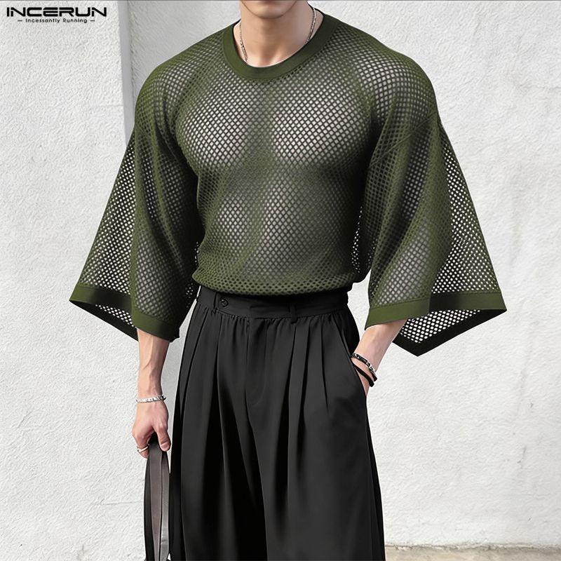 INCERUN Men Round Neck Long Sleeve Hollow Out Tops Mesh Sheer Shirts