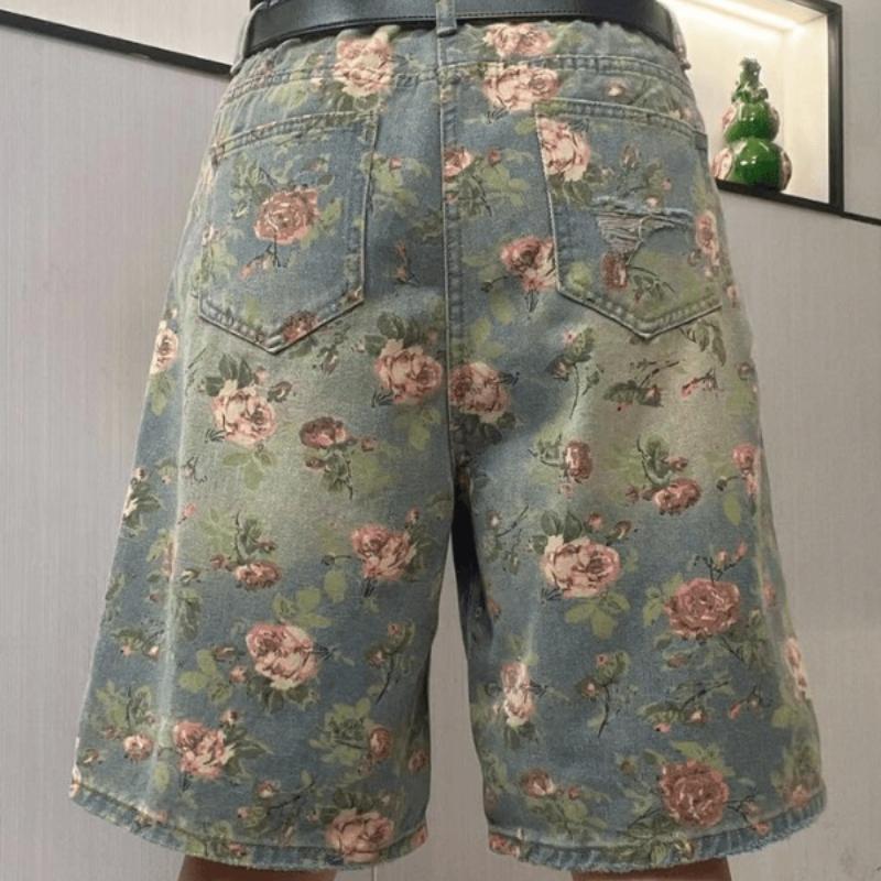 Letní módní volné a zeštíhlující široké nohavice rovné nohavice módní tištěné trendy roztrhané pětičtvrteční džínové kraťasy pro ženy