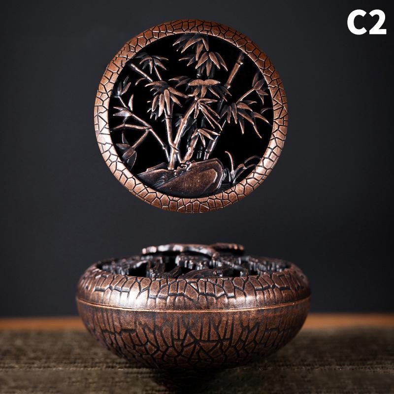 Brûleur d'encens antique avec couvercle creux, porte-bobine anti-moustiques en métal et bambou, orchidée prune, plaque de poêle à encens en bois de santal pour la maison
