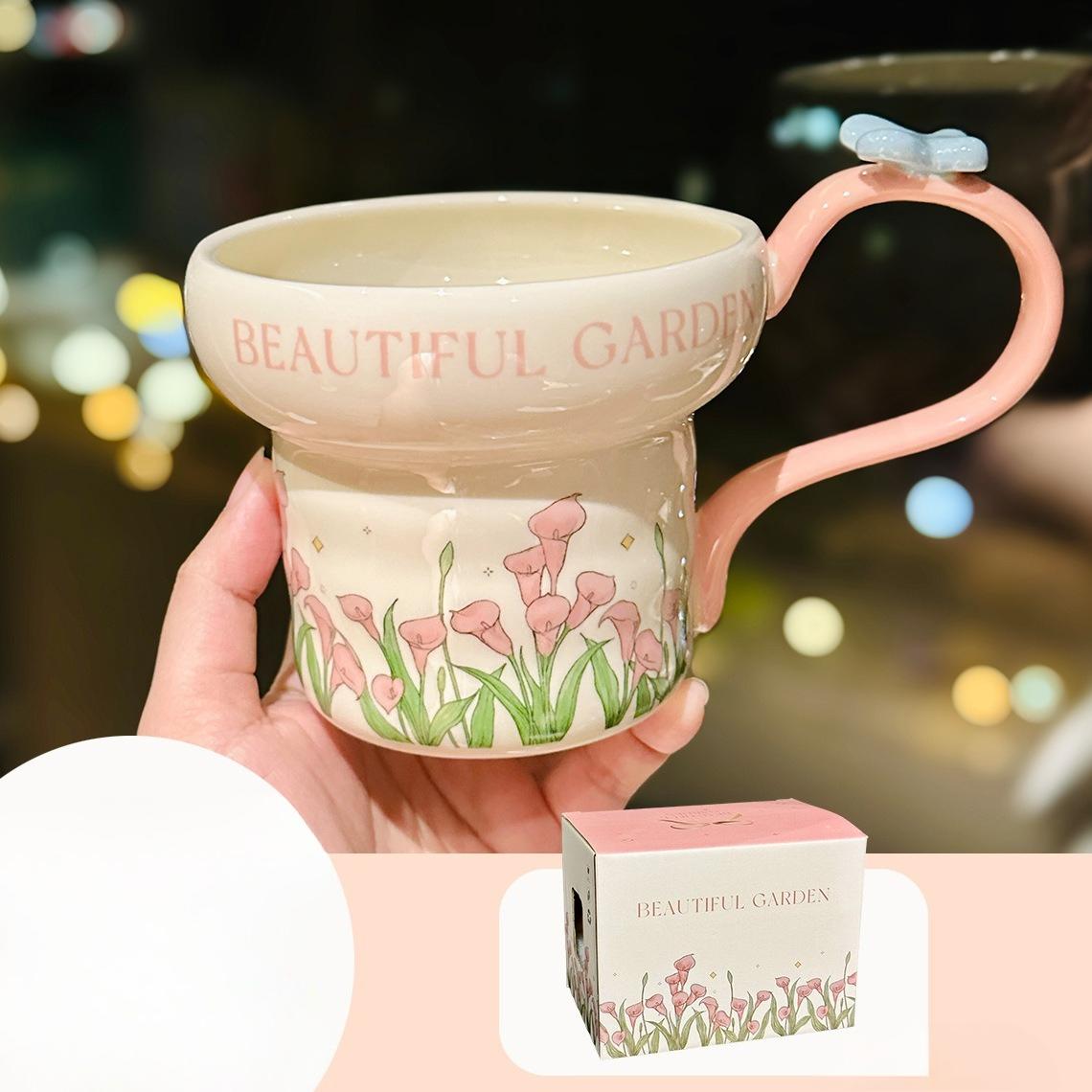 Милая кружка с цветами для девочек Высококачественная керамическая кружка Креативный дизайн Домашняя кружка для завтрака и молока Сувенир 400ml