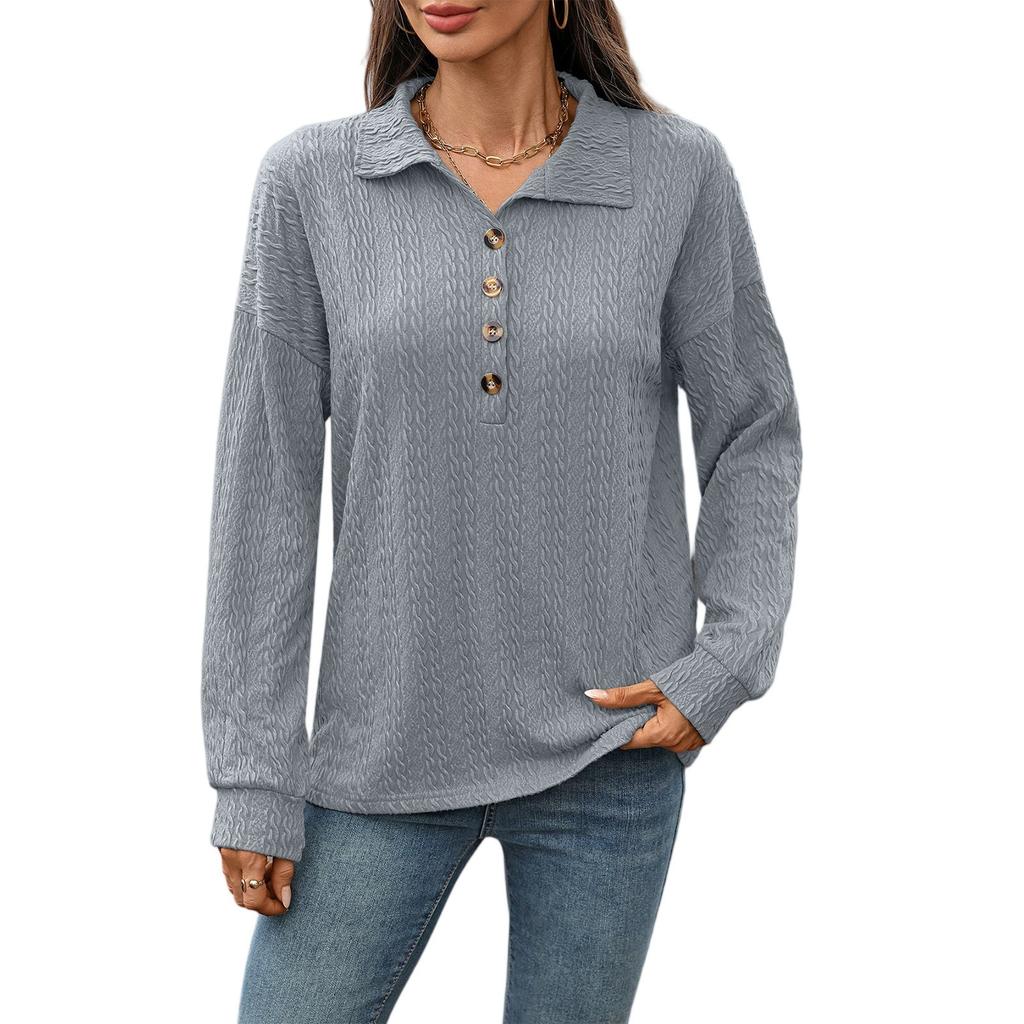 Dammode Enfärgad Revers Knäppning Sömnad Lös Långärmad T-shirt Topp