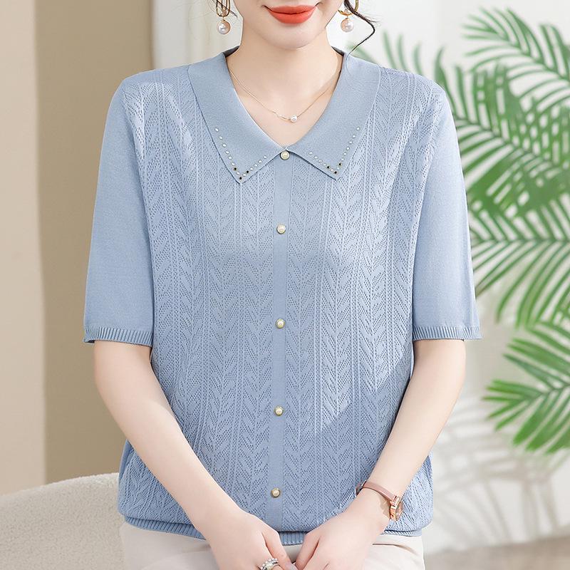 Summer 2025 Ice Silk Knit Doll Collar Cardigan - Women's Short Sleeve Top for Middle-Aged & Elderly