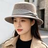 Autumn and Winter Wool Woolen Flat Top Top Hat Women's British Retro Wide-brimmed Jazz Hat Herringbone Bow Elegant Women's Hat