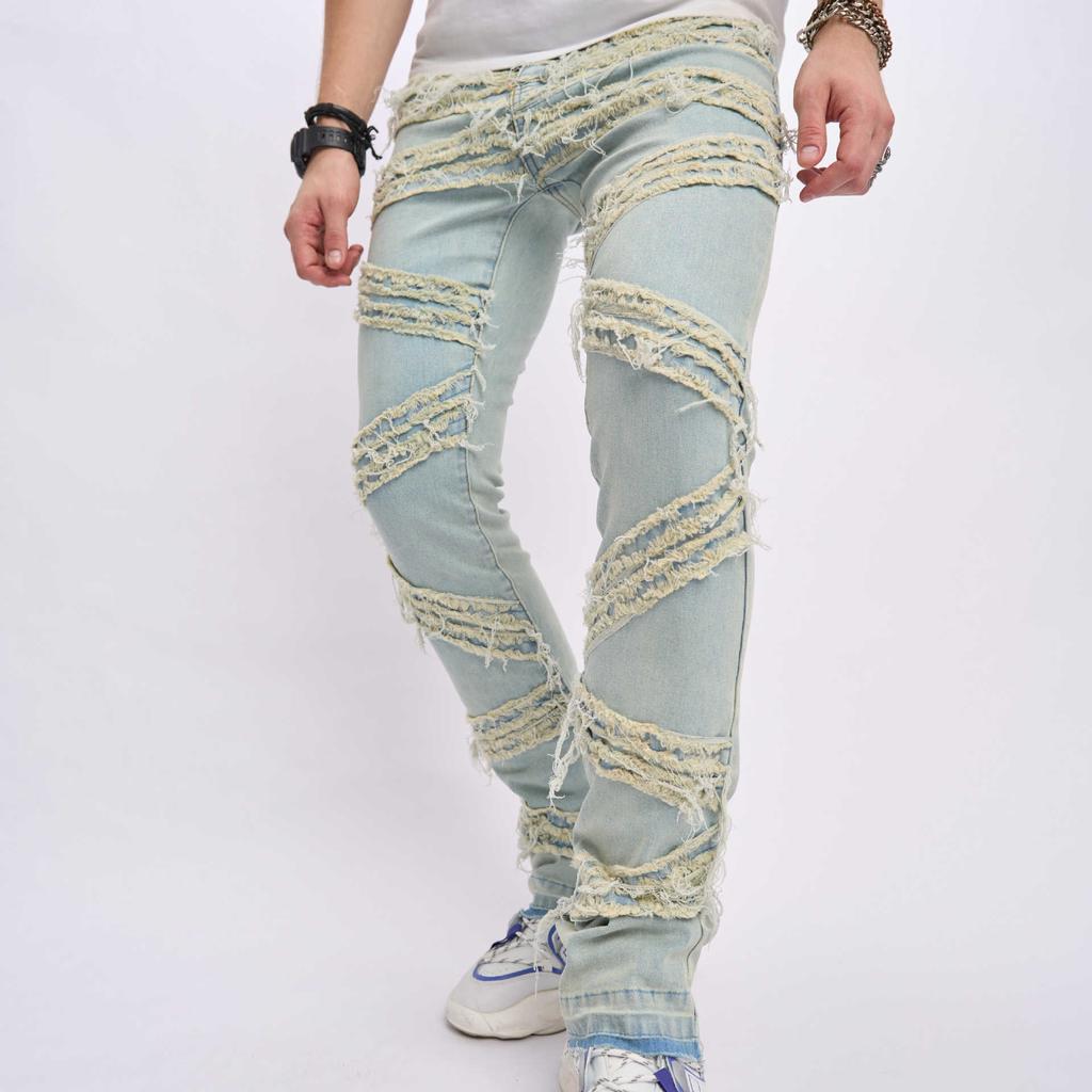 New Ripped Men'S Jeans With Cat Whiskers Sewn Fabric, Fashionable Elastic Loose Wide Leg Pants, Casual Men'S Pants