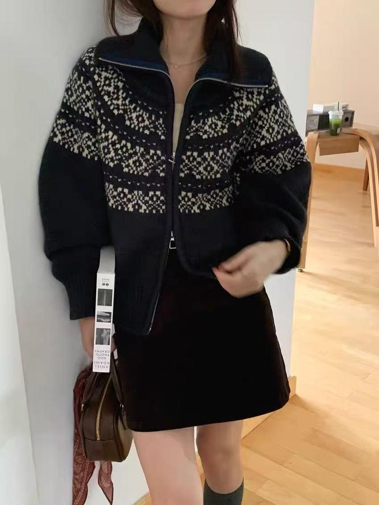 Faroe Islands Jacquard Wool Zipper Coat - Women's Autumn Winter Retro Lapel Short Knit Cardigan Sweater