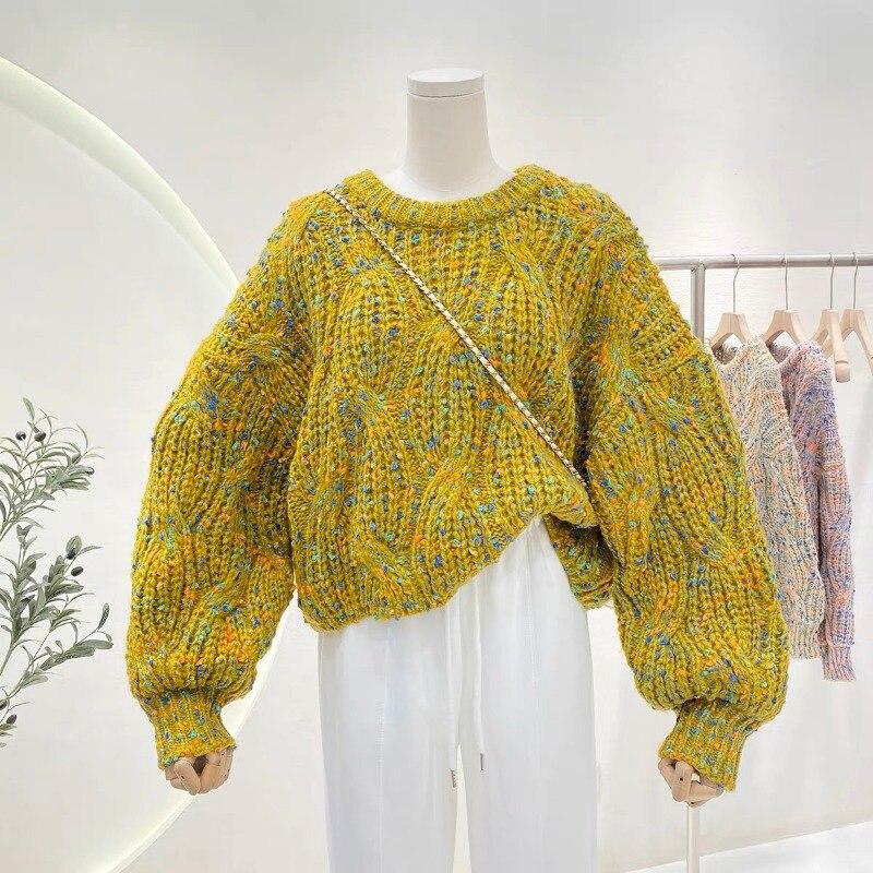 Осенний винтажный свободный вязаный свитер, женский милый красочный повседневный пуловер, свитера, зимняя одежда, джемперы с рукавами-фонариками 28517 One Size жёлто-зелёный