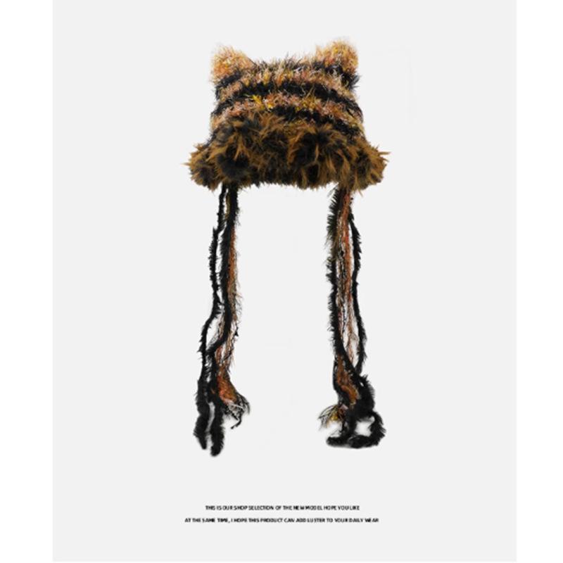 Cute cat ears plush knitted pullover hat children cool spicy wind mixed color braid cold hat winter warm Lei Feng hat