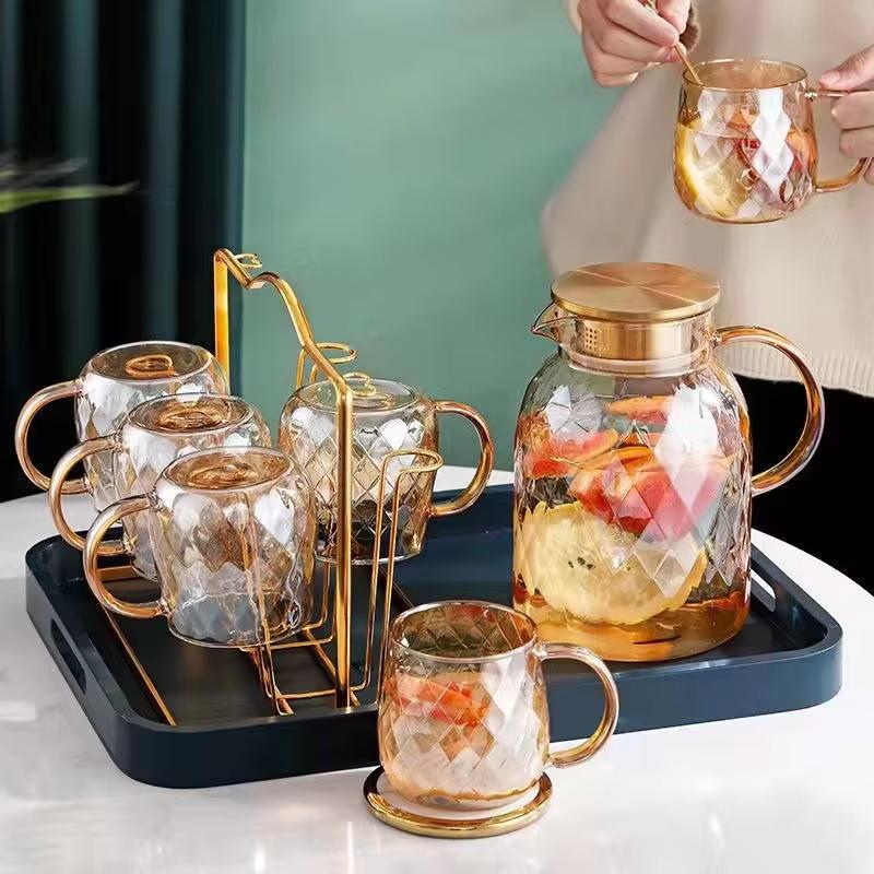 Amber Diamond Texture Glass Teapot and Cup Heat-Resistant Cold Water Jug Transparent Coffee Tea Mug Home Water Carafe Teapot