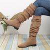 Fashion New Style Popular Pleated Boot Women Faux Suede Flock Knee High Boots Winter Women Fashion Slip On Square Low Heel Knight Boots