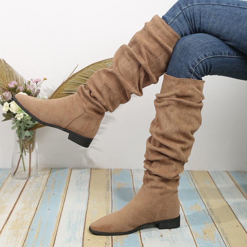 Fashion New Style Popular Pleated Boot Women Faux Suede Flock Knee High Boots Winter Women Fashion Slip On Square Low Heel Knight Boots