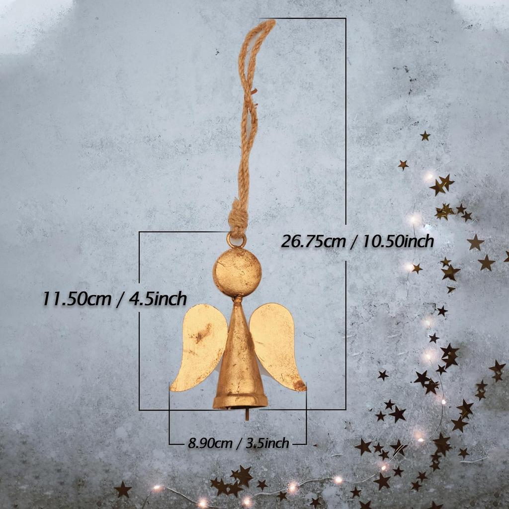 Håndlagde 3 stk, Rustikke gull skytsengelpynt med bjeller, 4,5 tommer minnegave til juletrepynt og gårdshus hjem