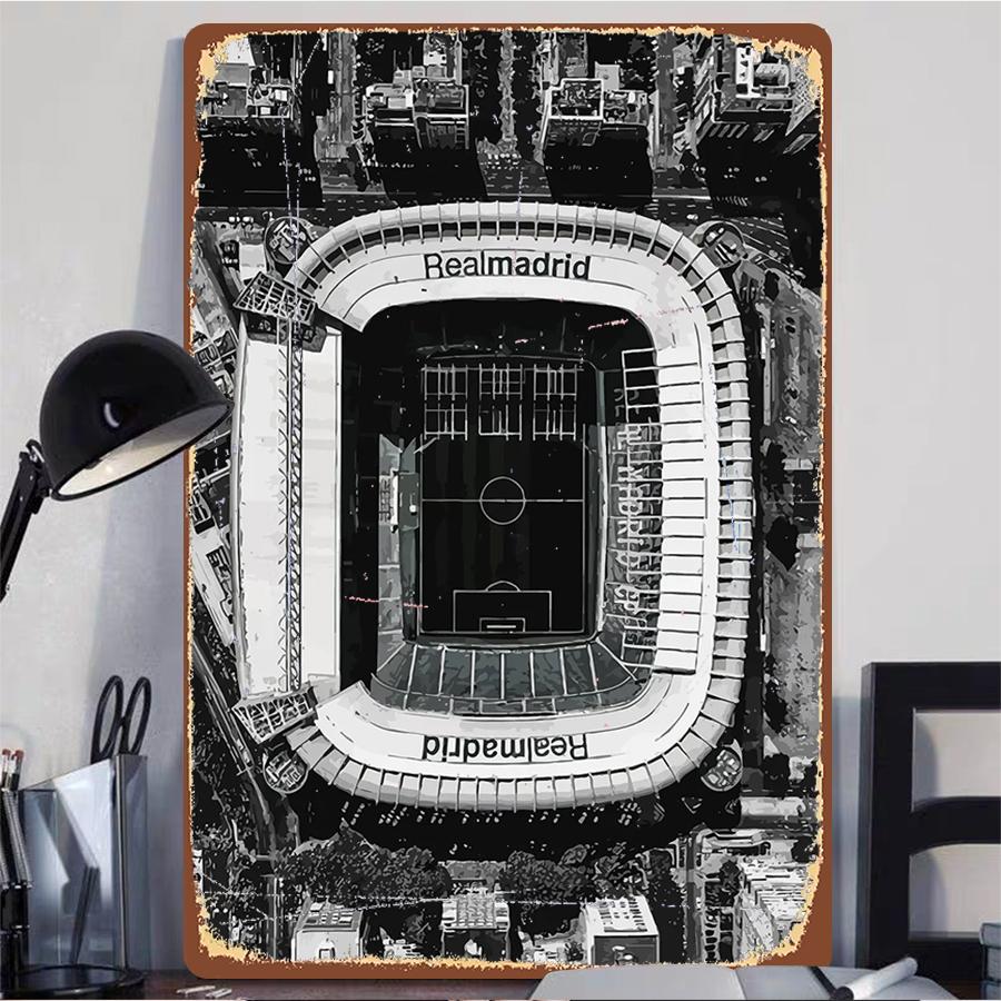 Real Madrid Stadium Aerial View Metal Wall Art Black White Sports Decor Football Fan Collection Souvenir
