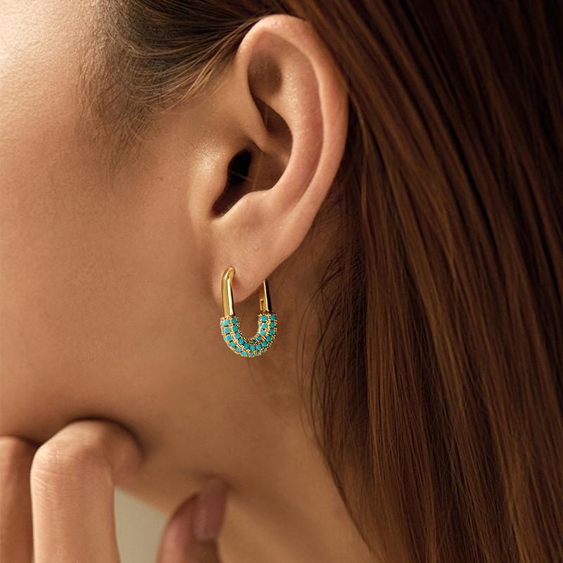 18K Gold Plated Copper U-shape Hoop Earrings with Pave Synthetic Turquoise Minimalist Gold Earrings for Women KE1806