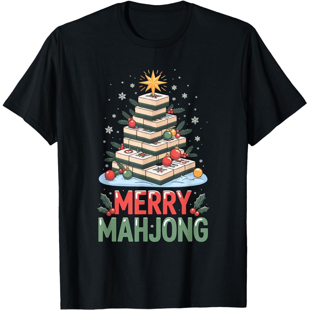 Merry Mahjong Christmas Tree Funny Holiday Game Lover T Shirts Men Humor Streetwear Tee Shirt Short Sleeve Unisex Loose Clothing