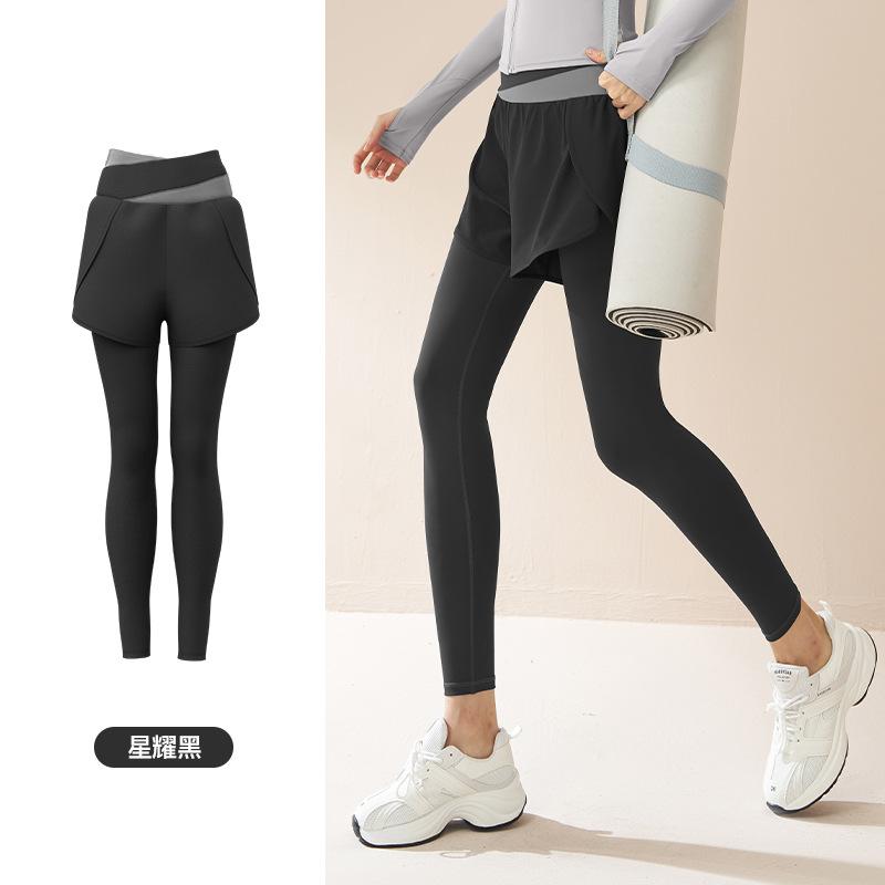 

Juyitang поддельные двухслойные цветные блокирующие высокоэластичные брюки для йоги, непрозрачные, для бега, спортивные, с высокой талией, для живота, обнаженные фитнес-брюки S