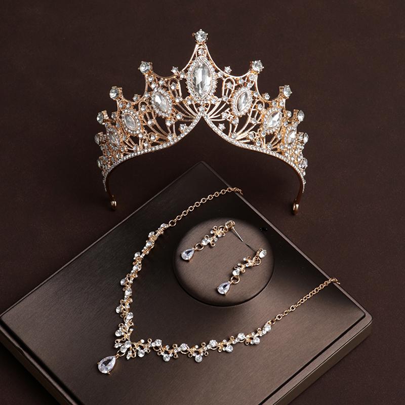 Baroque Gold  Crown Necklace Princess Tiara Headband Queen Birthday Wedding Party Jewerly Set Gift