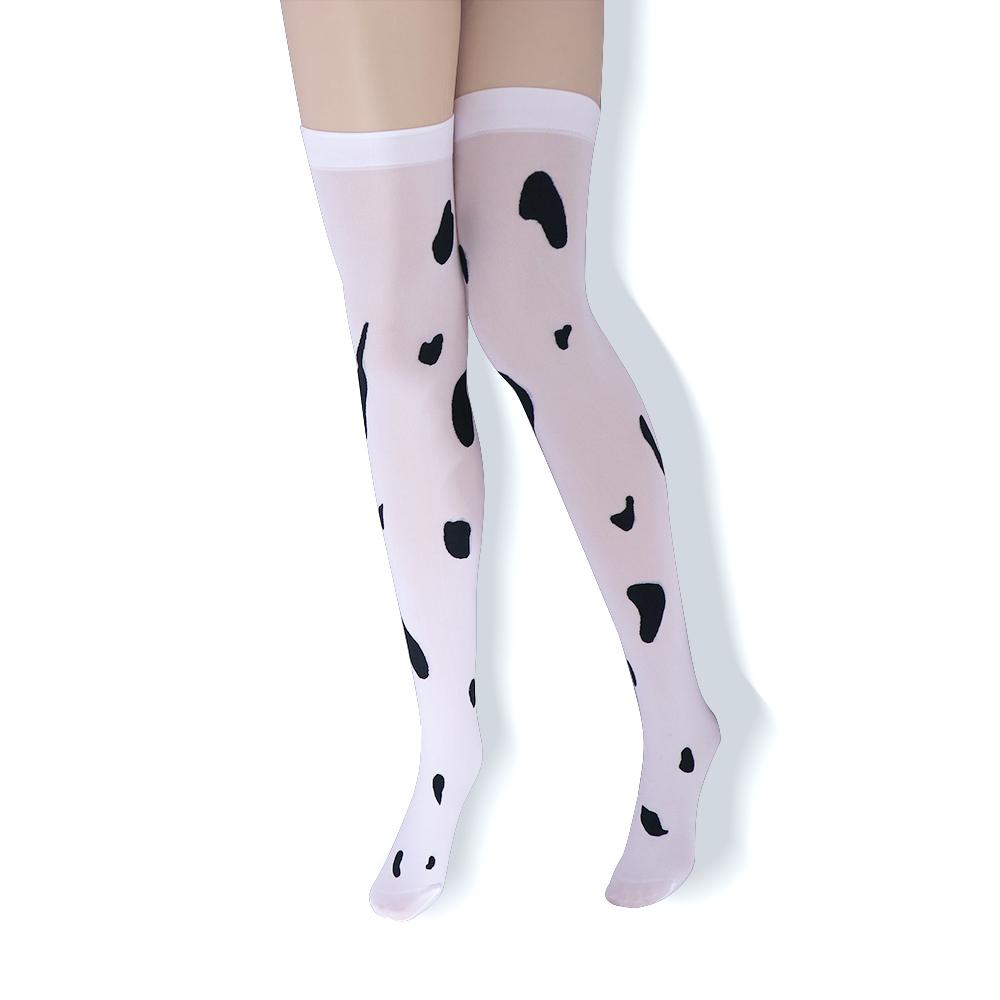 Lovely Kawaii Women Thigh High Stockings Cow Printed Pantyhose Cow Spots Printed Cosplay Stockings