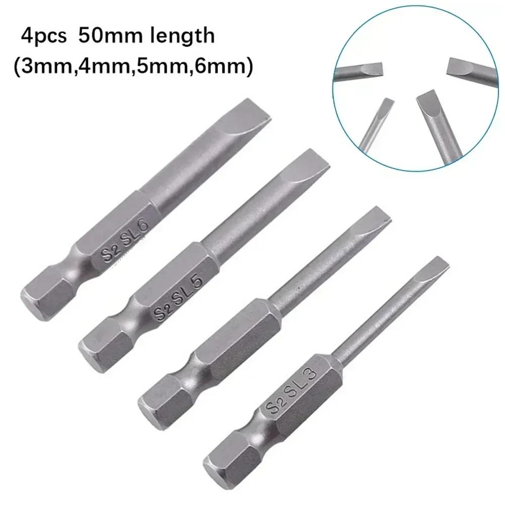 4 ks 50mm plochých šroubovacích bitů 3-6mm magnetické ploché hlavy 1/4'' šestihranná stopka SL3/SL4/SL5/SL6 pro příslušenství k elektrickému nářadí