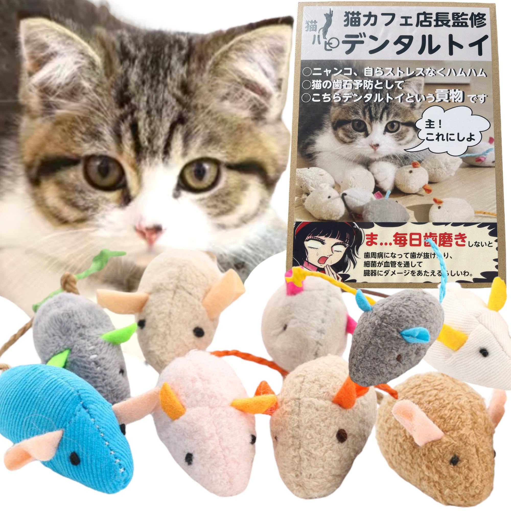 

Cat Hapi Cat Chew Toy, Supervised by Cat Cafe Manager, 9 Mouse Toys, Teeth Brushing