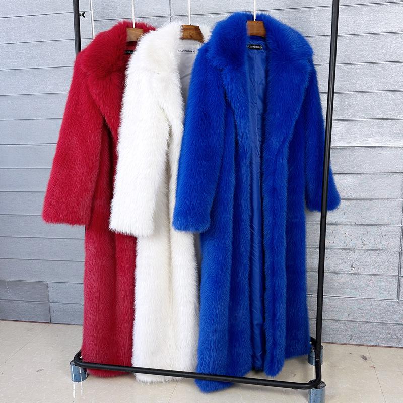 Women's Extra Long Faux Fur Coat with Suit Collar