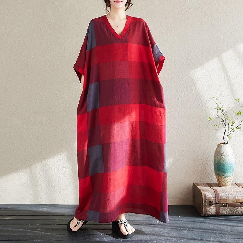 

Новое хлопковое винтажное клетчатое платье больших размеров с короткими рукавами для женщин, повседневное свободное длинное летнее платье макси