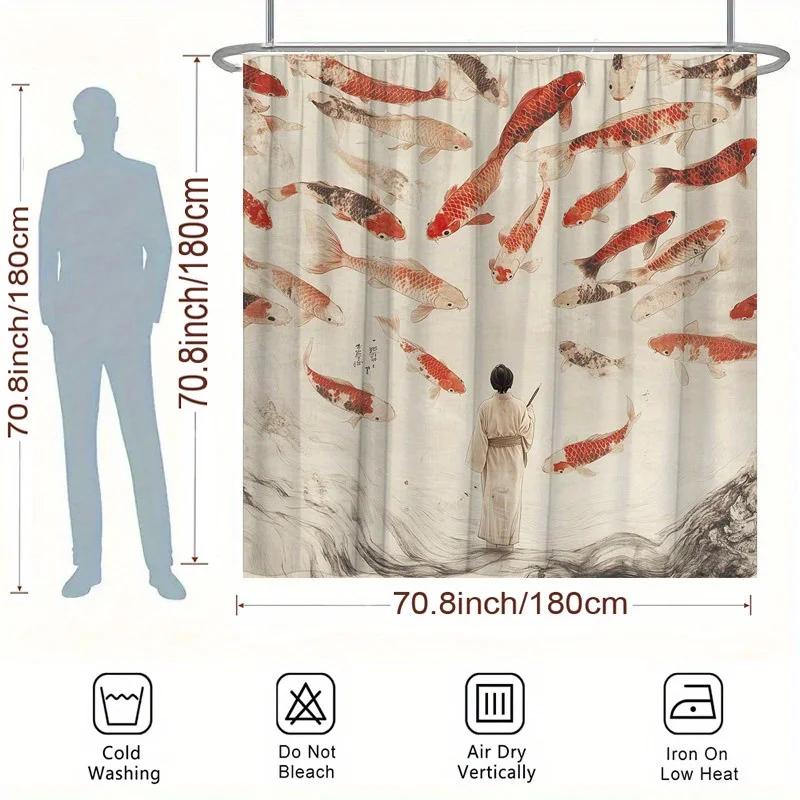 ~O~1pc Koi Fish Shower Curtain - Traditional Japanese Scene, Red & Orange Fish, Polyester, 70.8x70.8 Inches,12 Hooks,Bathroom De