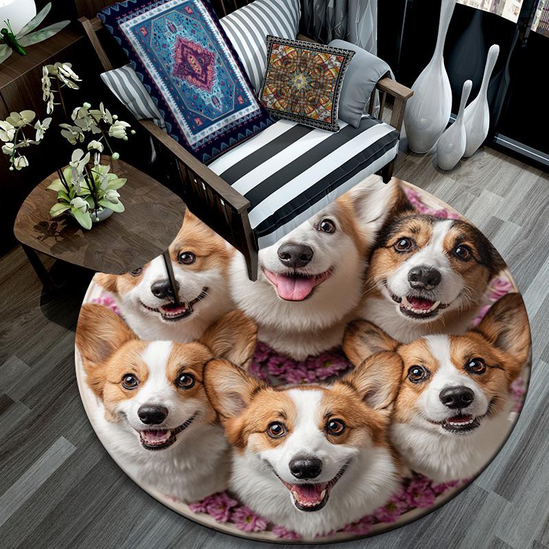 Corgi Dogs Round Area Rug,Carpet Rug for Living Room Bedroom Sofa Playroom Decor,Non-slip Floor Mat