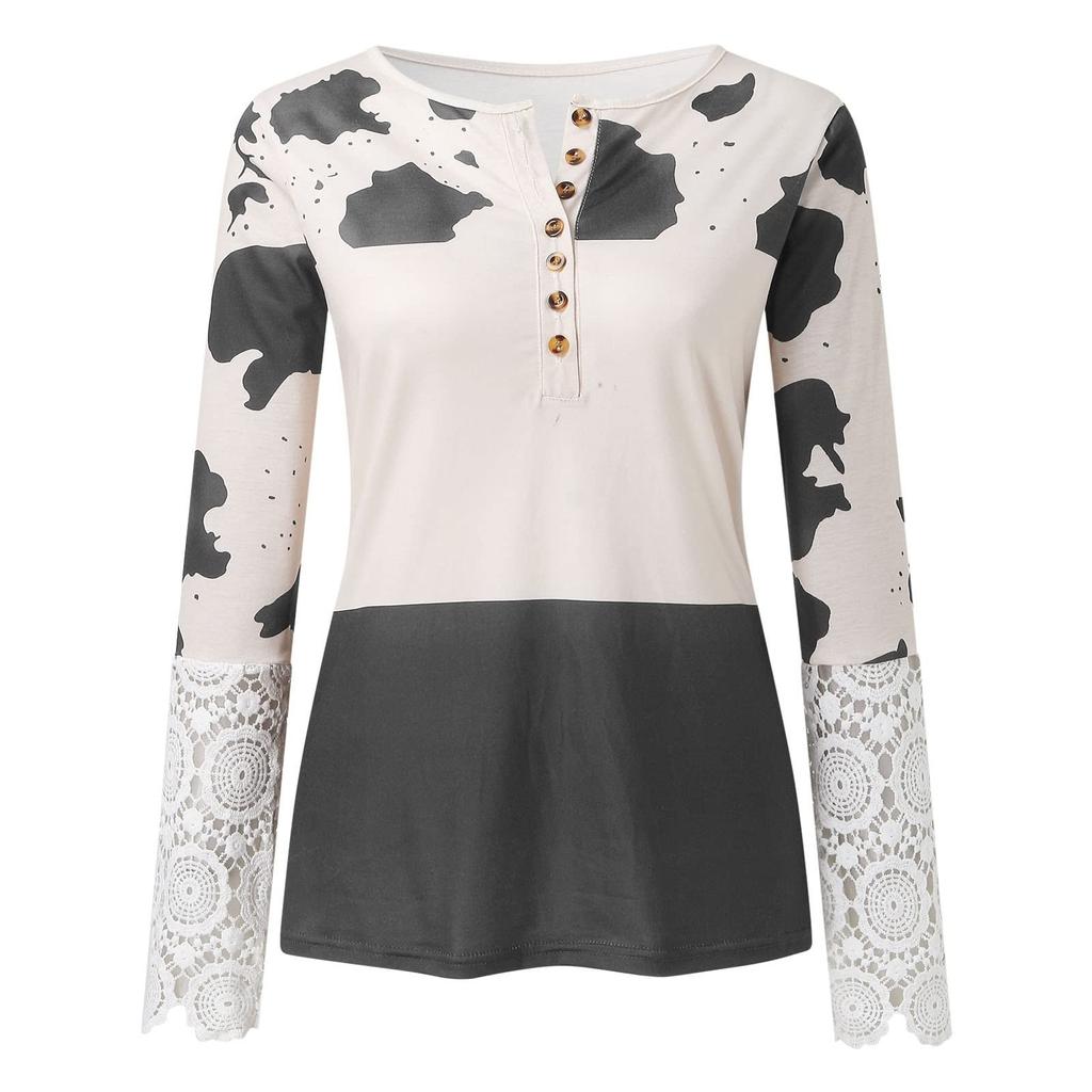 Women's Slim Fit Casual Cow Striped Lace Long Sleeve Top T-Shirt Blouse