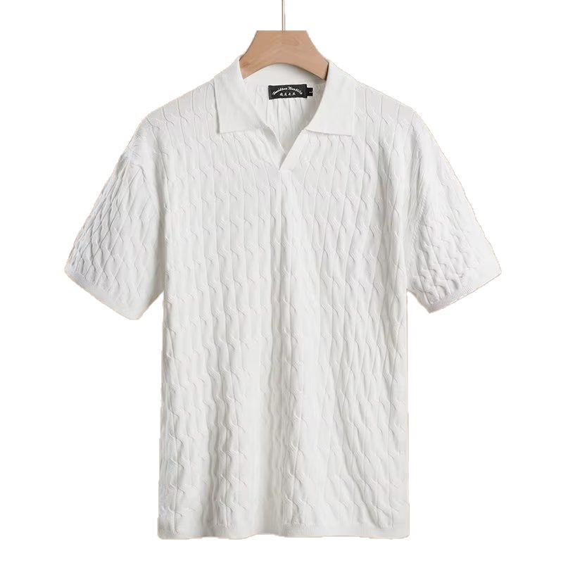 Men's Summer Korean Style Slim Fit Knitted Polo Shirt - Short-Sleeve, Solid Color, Ice Silk, Turn-Down Collar