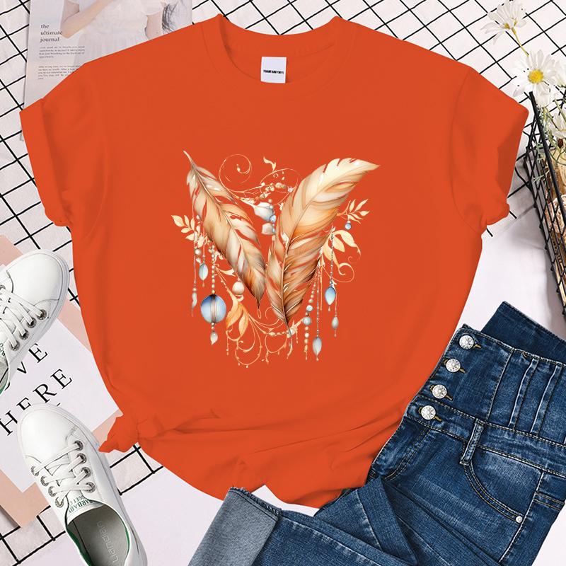 Feather Printed T-Shirts for Women Summer Short Sleeve Tee Shirts Round Neck Casual Summer Ladies Tops