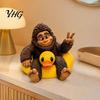 Playful Tabletop Accent Sasquatch And Duck Figurine, on Swimming Ring Statue, Humorous Home Space Decor Funny Animal Statue for Shelf Decorative