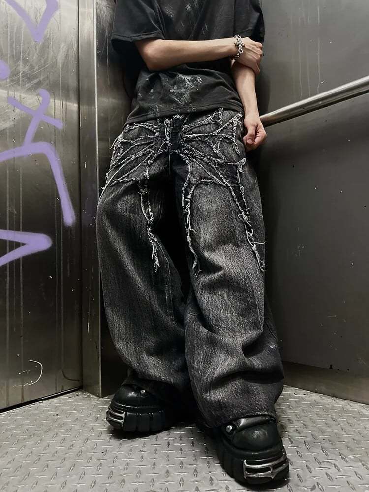 Gothic Retro Oversized Baggy Fit Unisex Mopping Pants Y2K Phantom Jeans High Street Spider Embroidered Patch Hip Hop Streetwear