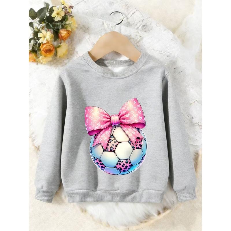 Unisex Kids Crewneck Sweatshirt, Pink Heart Bow Leopard Soccer Ball Print Pullover, Boys Girls Sports Casual Sweatshirt For Kids Over 4 Years Old