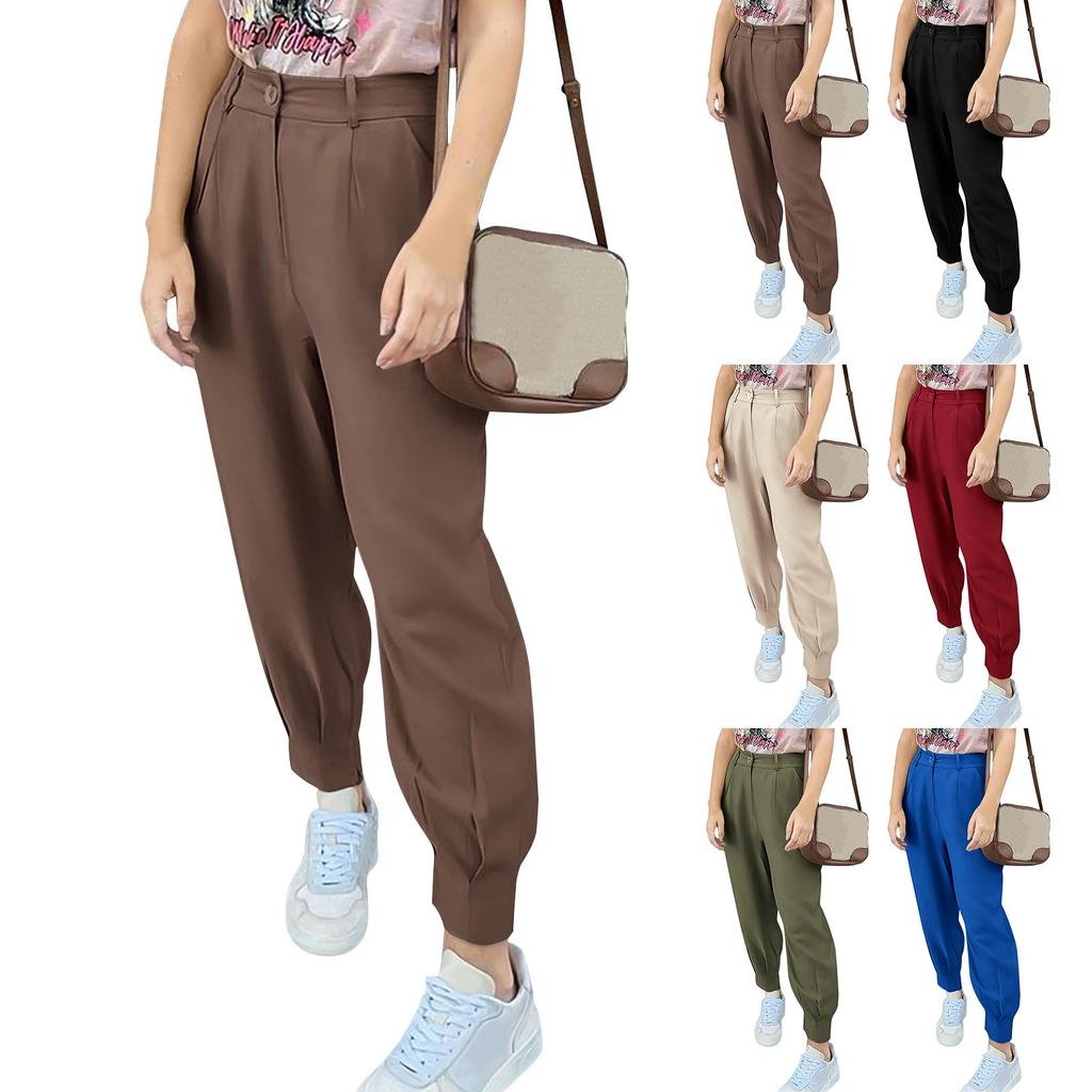 Women's Summer High Waisted Pants Casual Length Work Trouser Slacks With Pockets