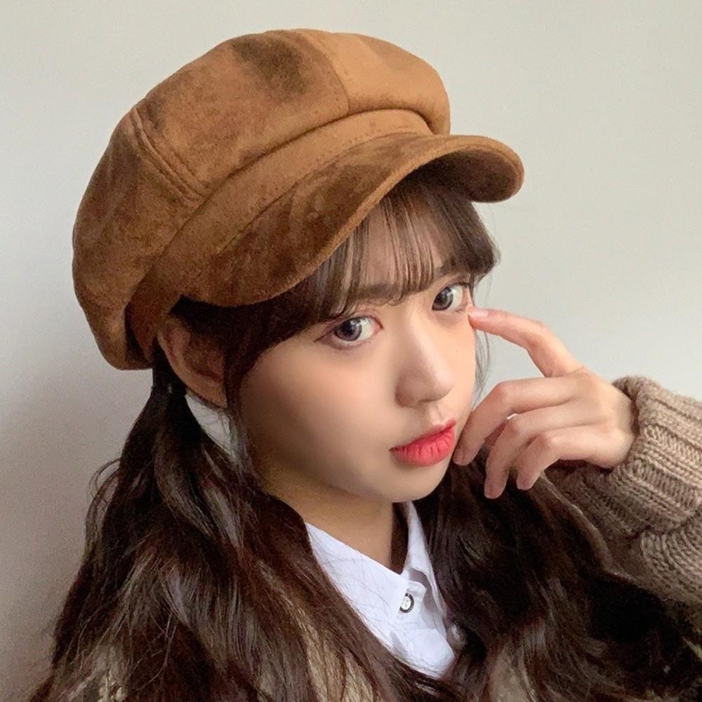 Keep Warm Suede Octagonal Hat Solid Color Newsboy Cap Casual Berets Hat Daily
