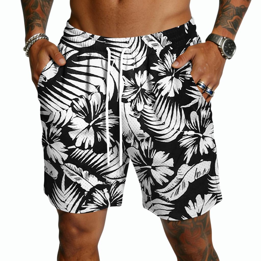 Pantaloncini da uomo a stampa hawaiana ad asciugatura rapida - Pantaloncini casual leggeri con coulisse e tasche, Costumi da bagno estivi da spiaggia di media lunghezza