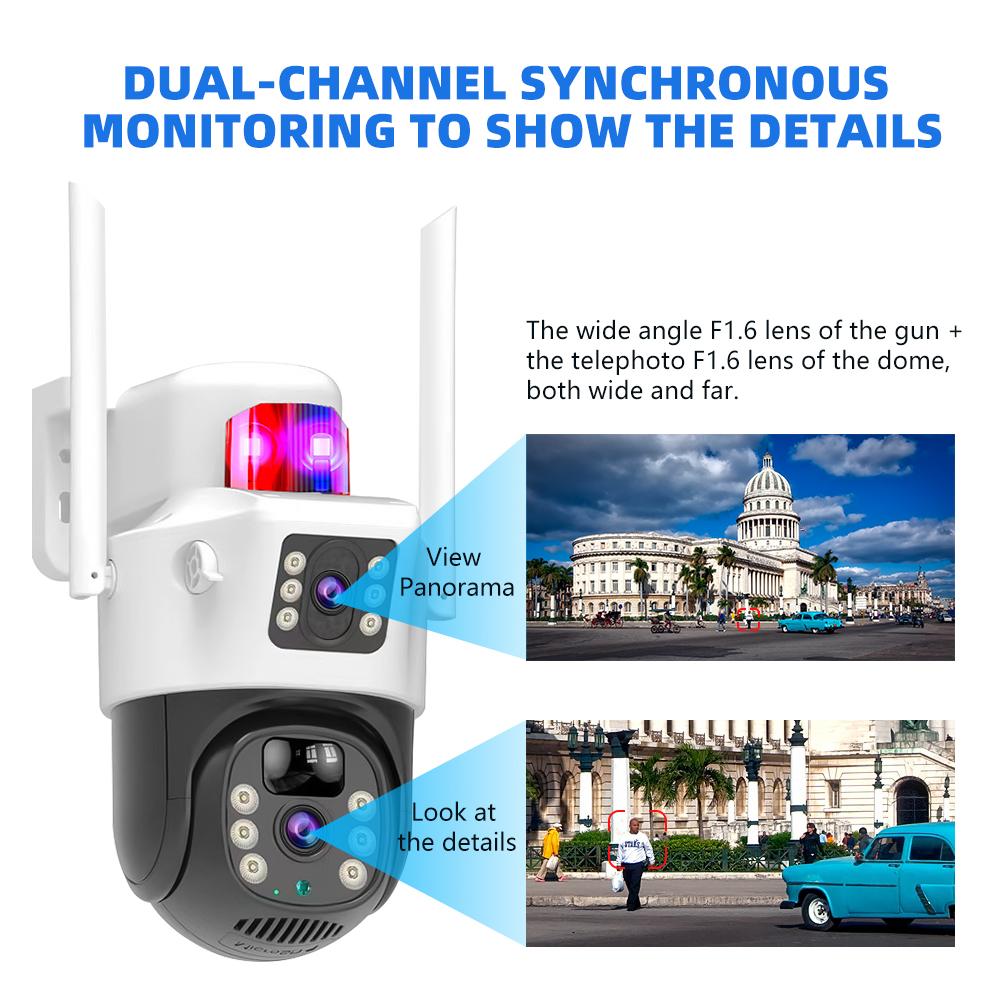 IR Night Vision Surveillance Camera Wireless Dual Lens Security Camera 6MP  Human Tracking Solar Charging Bulit-in Battery Cam