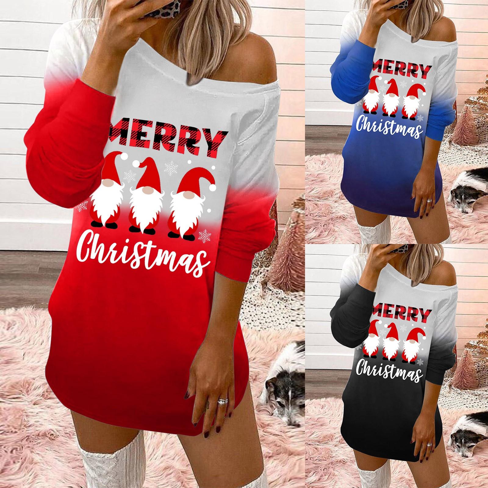 

Женский повседневный сексуальный свободный свитер с рождественским принтом и нерегулярным платьем XXL чёрный