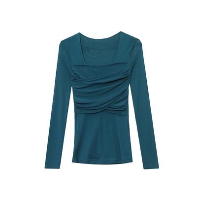 Nouveaux Vêtements de Printemps Slim Sexy Maille Plissée Col Carré T-shirt à Manches Longues Pull de Base pour Femme