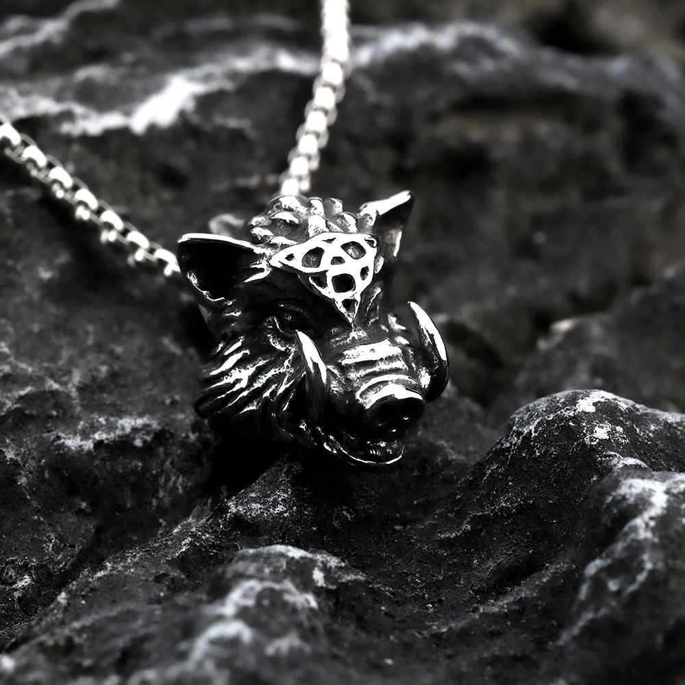 Stainless Steel Wild Boar Head Pendant Necklace - Punk Rock, Cool, Retro Design.