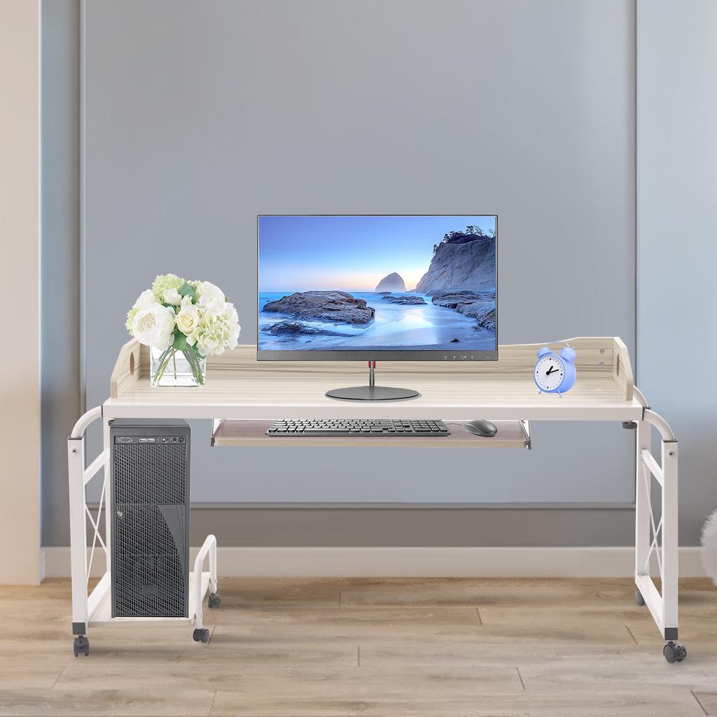 Adjustable Overbed Table with Fence & Keyboard Tray, Large Size Laptop Desk for Home Office, Hospital Bed, Sofa & Living Room