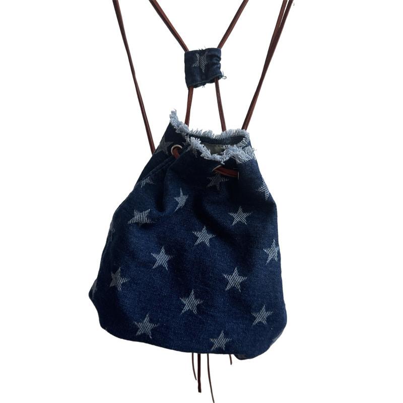 Стильный корейский ретро джинсовый детский рюкзак с уникальным дизайном на шнурке и узором в виде звезд