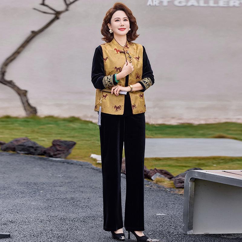 

2026 Year of the Horse Spring Suit: Women s National Style Vest & Wide-Legged Pants 3-Piece Set for Middle-Aged & Elderly 4XL fits 135-145 jin жёлтый/чёрный