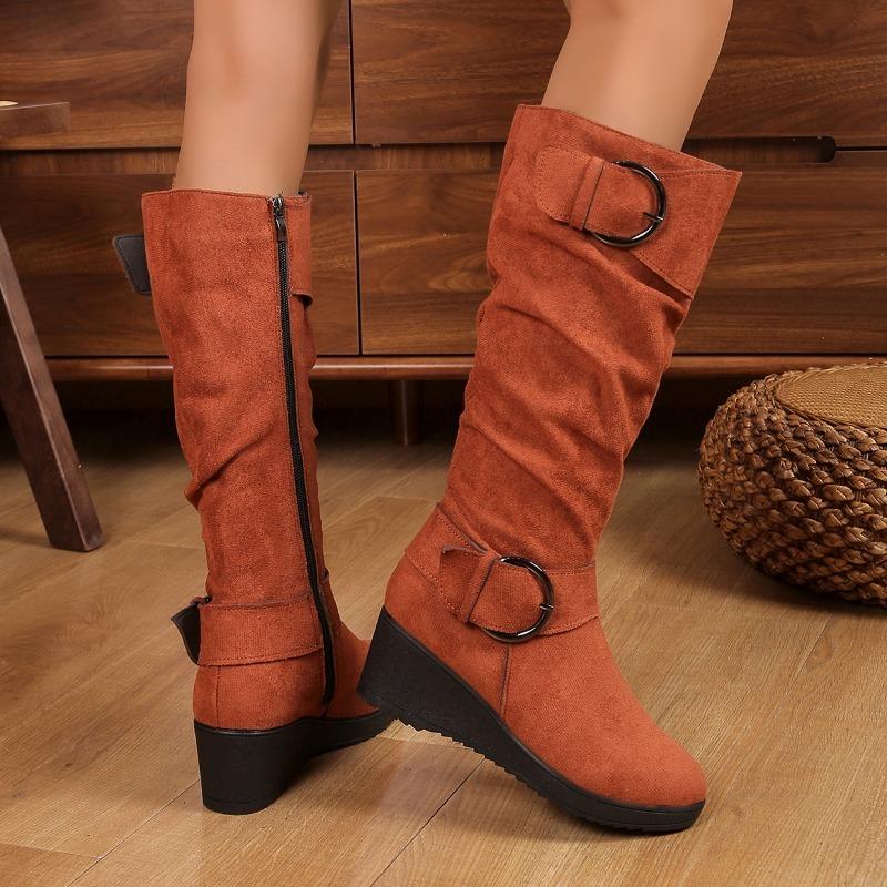 Fashion High Heels Women Long Boots Winter Suede Buckle Wedges Shoes 2025 New Snow Elegant Knee Boots Designer Fashion Zapatillas Mujer
